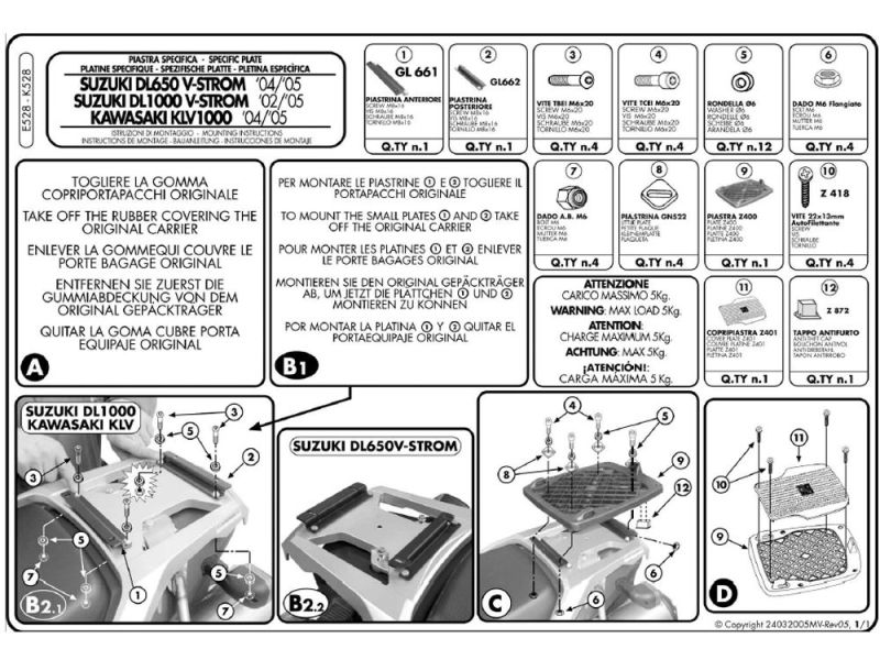 GIVI Piastra di montaggio Monokey E Suzuki DL 650 V-Strom (2004-2011) DL 1000 V-Strom (2002-2009) Kawasaki KLV 1000 (2004-2008)